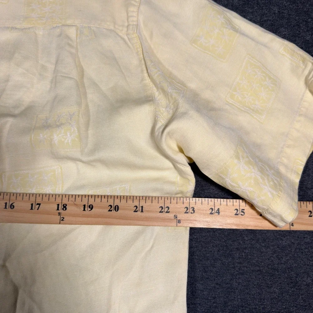 Tommy Bahama Button Up Shirt Mens Medium Yellow Silk Linen Palm Embroidered